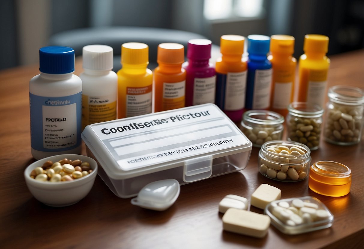 A table with various supplements, vitamins, and medications neatly organized in labeled containers, accompanied by a detailed instruction manual for post cycle therapy protocols