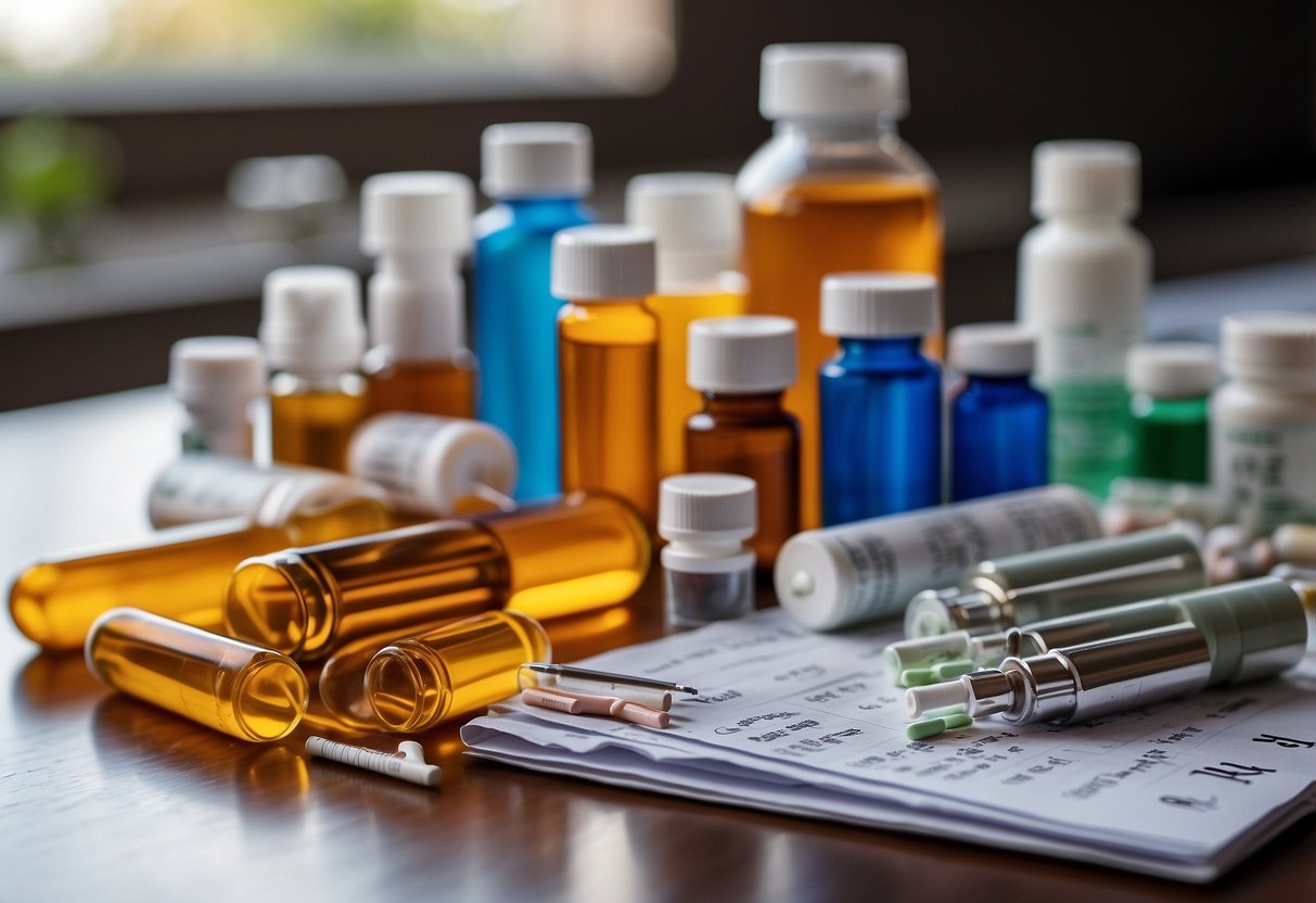 A table with various medications, supplements, and a calendar. Syringes and pill bottles are neatly organized. A document titled "Post Cycle Therapy Protocols" is visible