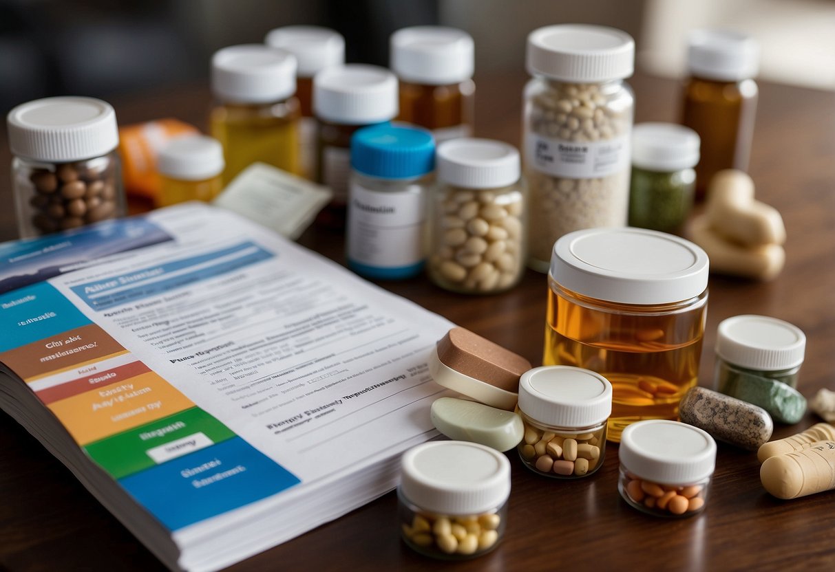 A table with various supplements, vitamins, and medications arranged in an organized manner, with a list of frequently asked questions about post cycle therapy displayed nearby