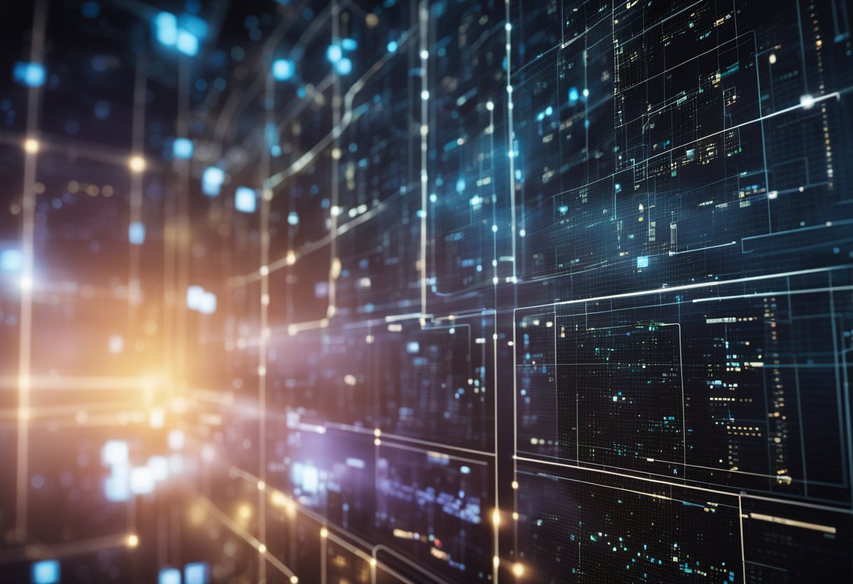 A computer screen displaying a network of interconnected blocks with data flowing between them, representing blockchain analytics