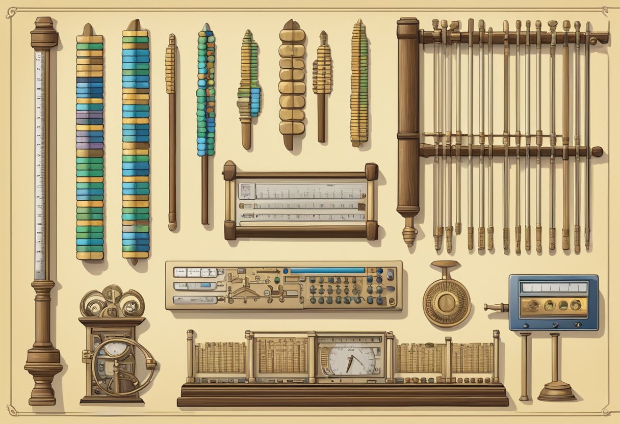 A series of ancient and modern measuring tools, from abacus to computer, symbolizing the historical development of IQ testing