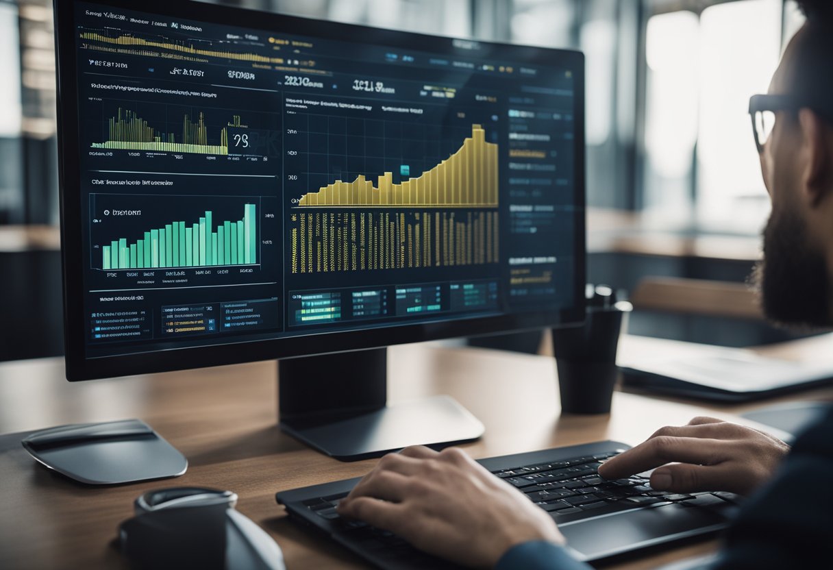 A computer screen displaying various blockchain analytics charts and graphs, with a person selecting a blockchain analytics service from a list of options