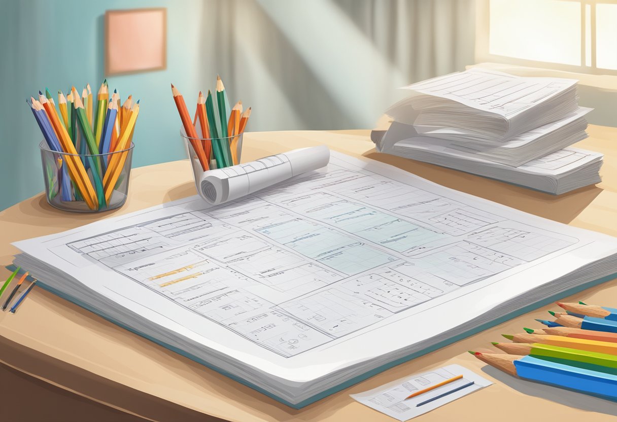 A variety of IQ tests displayed on a table with pencils and answer sheets