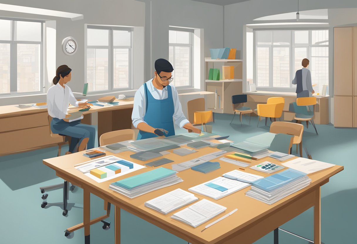 A table with a variety of test materials spread out, a proctor observing as a participant completes different sections, a clock on the wall