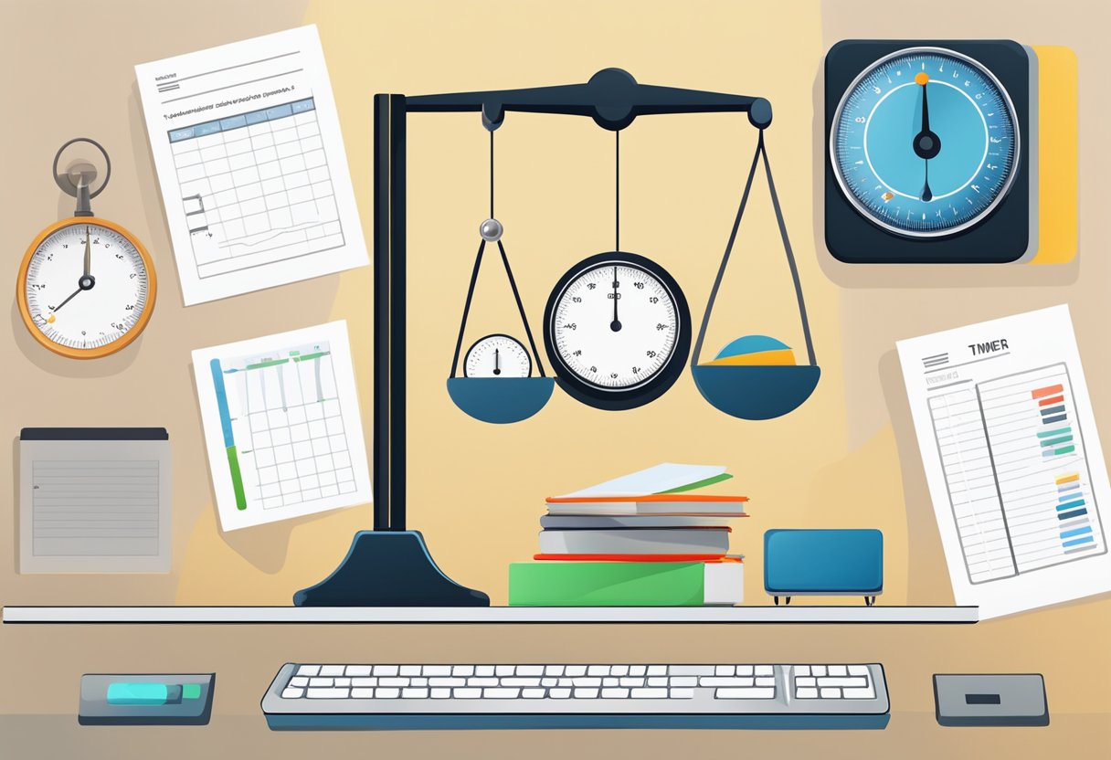 A scale with various cognitive tasks, a timer, and a scoring sheet on a desk