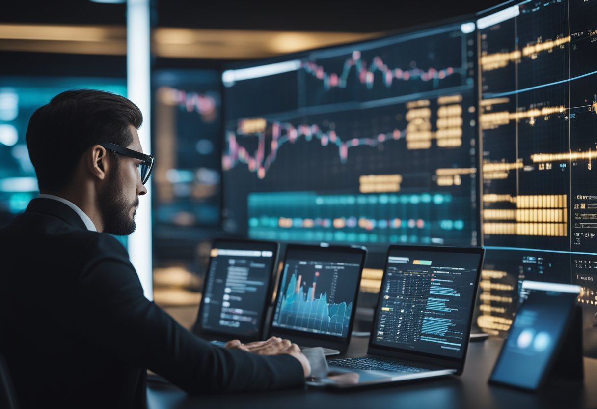 A computer screen displaying various blockchain analytics platforms with a person contemplating their options