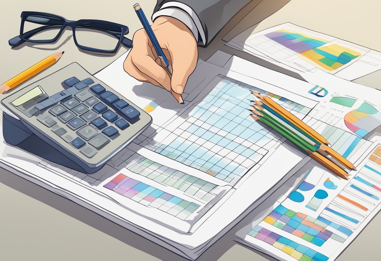 A table with test papers, pencils, and a calculator. A chart showing IQ levels. A person observing and analyzing the results