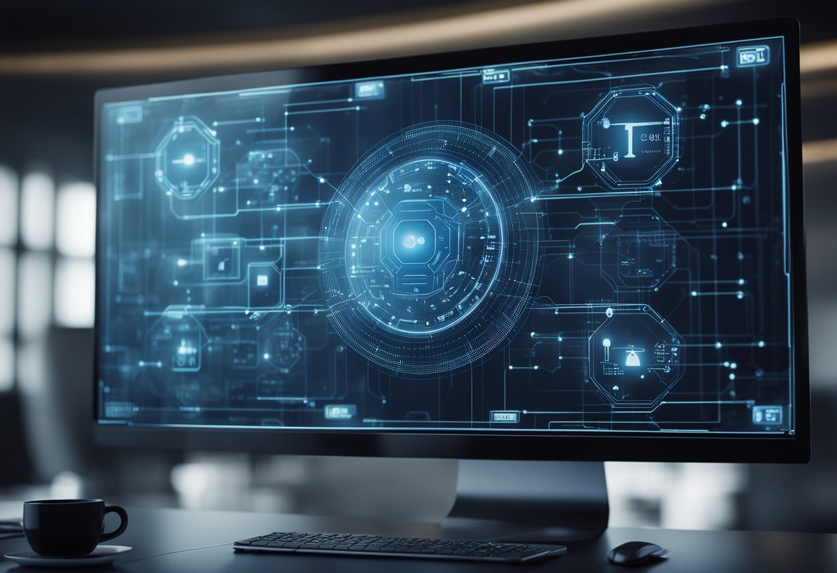 A computer screen displays a network of interconnected data points, with a blockchain diagram in the center. A lock icon symbolizes enhanced security