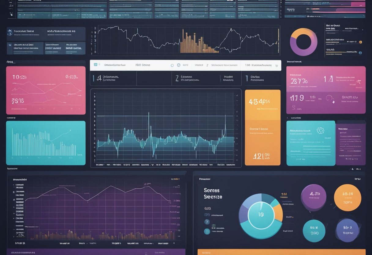 A top-down view of a computer screen displaying the top 10 Blockchain Analytics Services, with graphs and charts showing data analysis