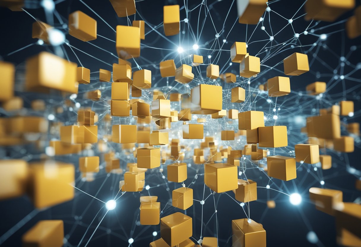 A network of interconnected blocks with data flowing between them, each block representing a transaction. Various analytics tools monitoring and analyzing the data for compliance and security