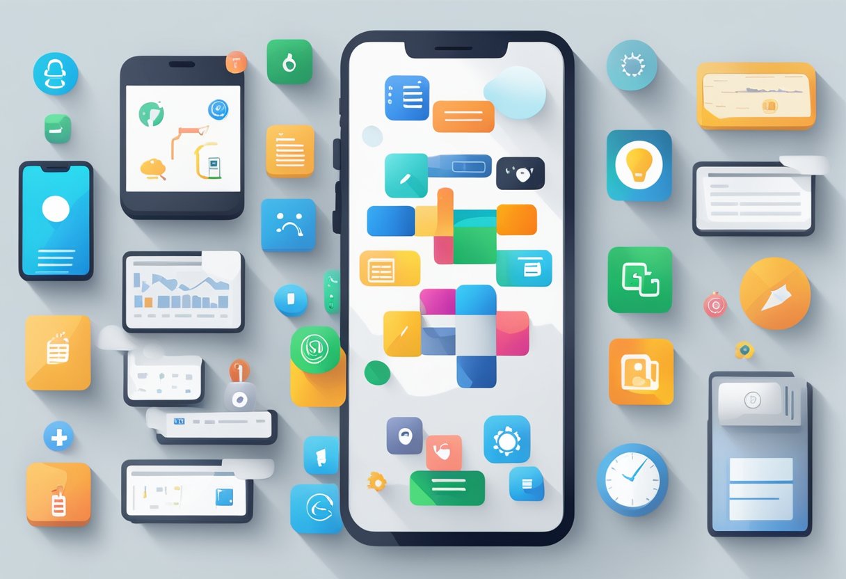 A phone with 5 essential apps displayed on the screen, surrounded by icons representing productivity, organization, and efficiency