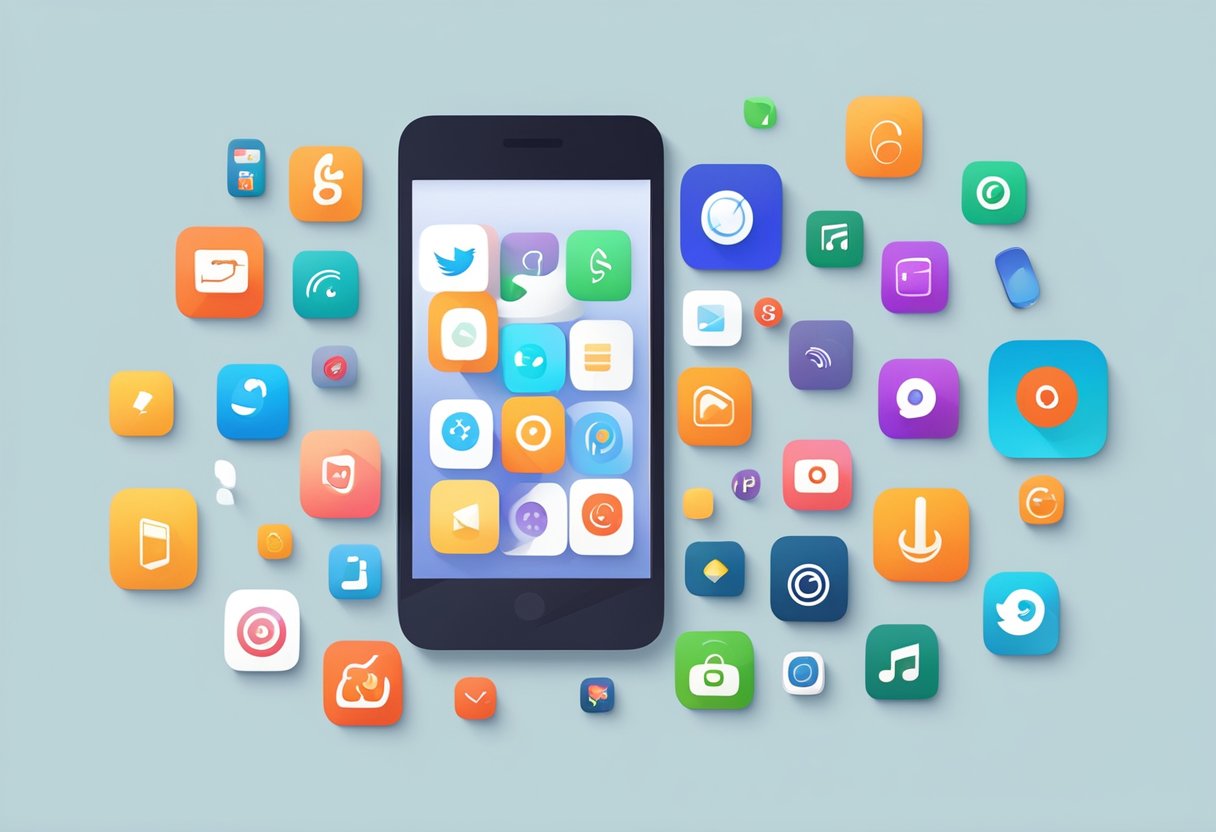 A phone with 5 app icons for entertainment and leisure: music, games, streaming, social media, and reading