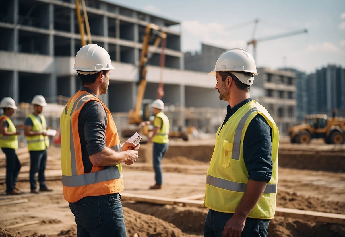 A construction site with workers and equipment, displaying progress payments and public procurement guidelines