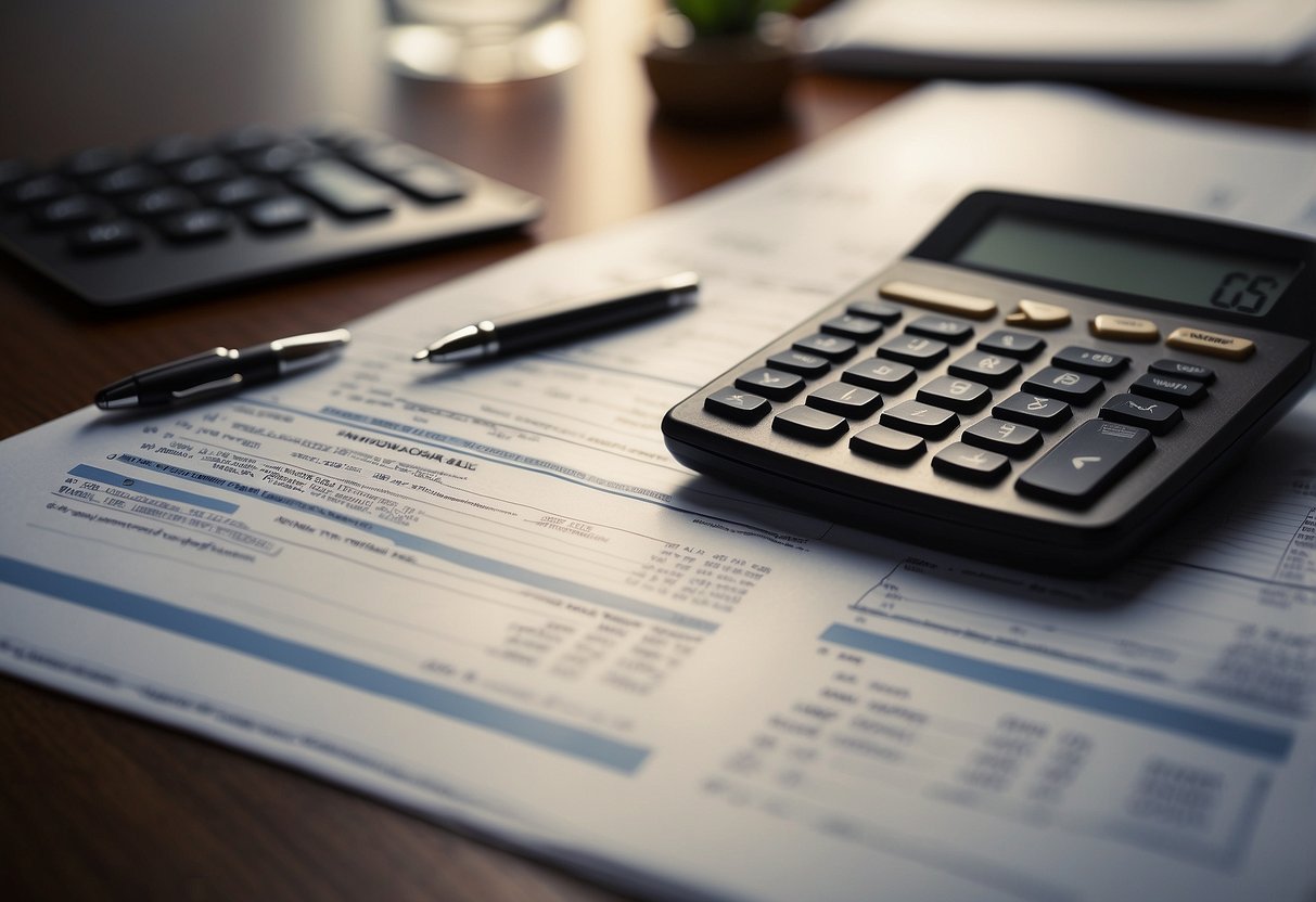 A table with documents, a pen, and a calculator. A schedule and contract details are visible