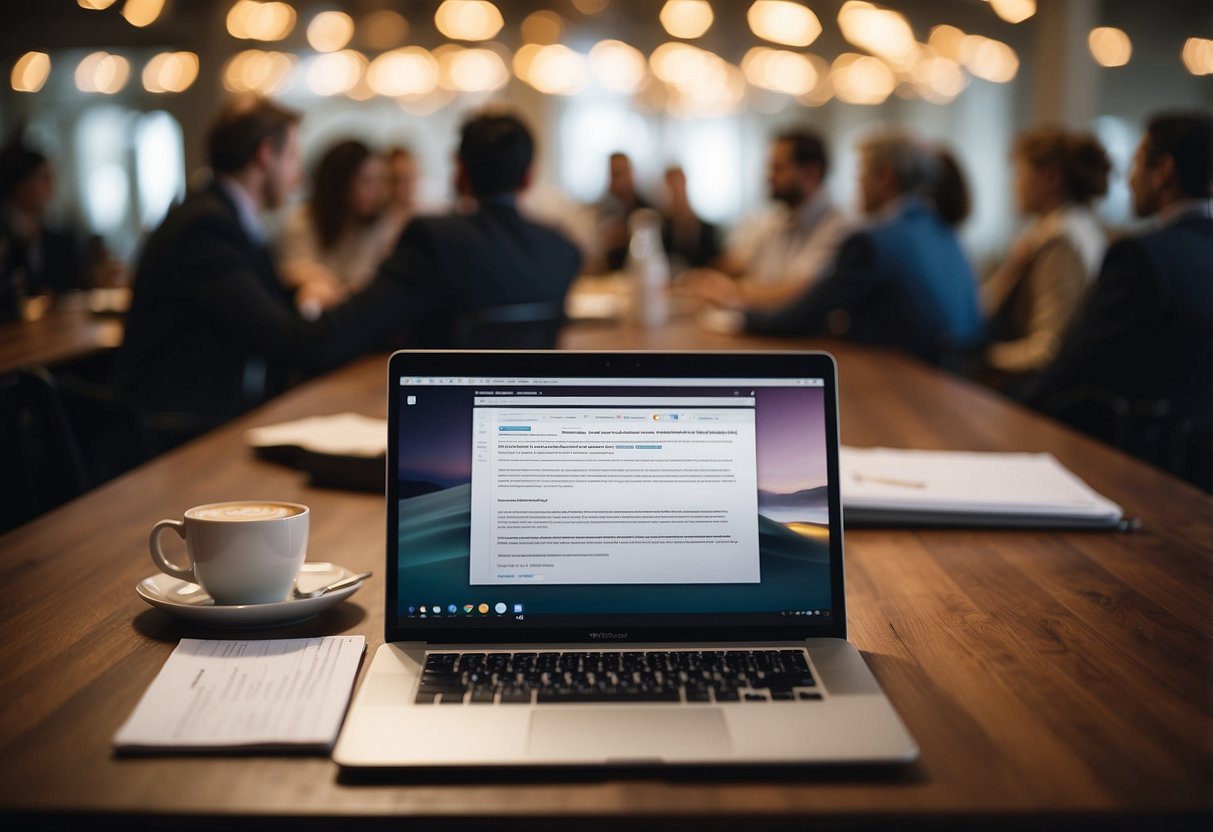 A table with a laptop and documents, surrounded by people asking questions