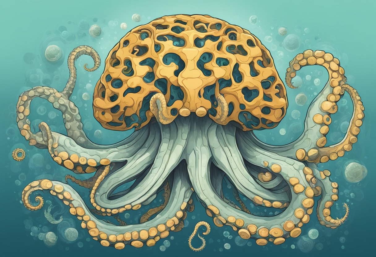 A cephalopod brain solving a complex puzzle with tentacles