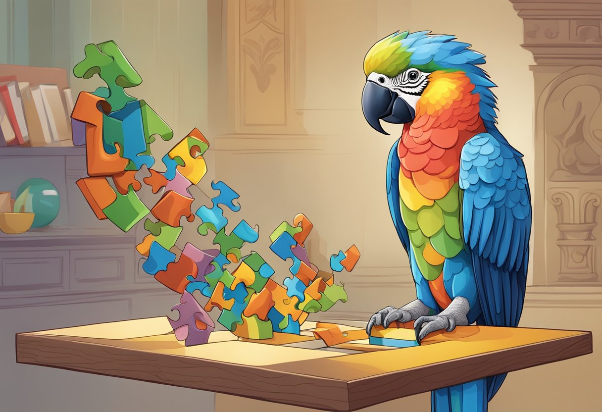 A colorful parrot solving a complex puzzle with its beak