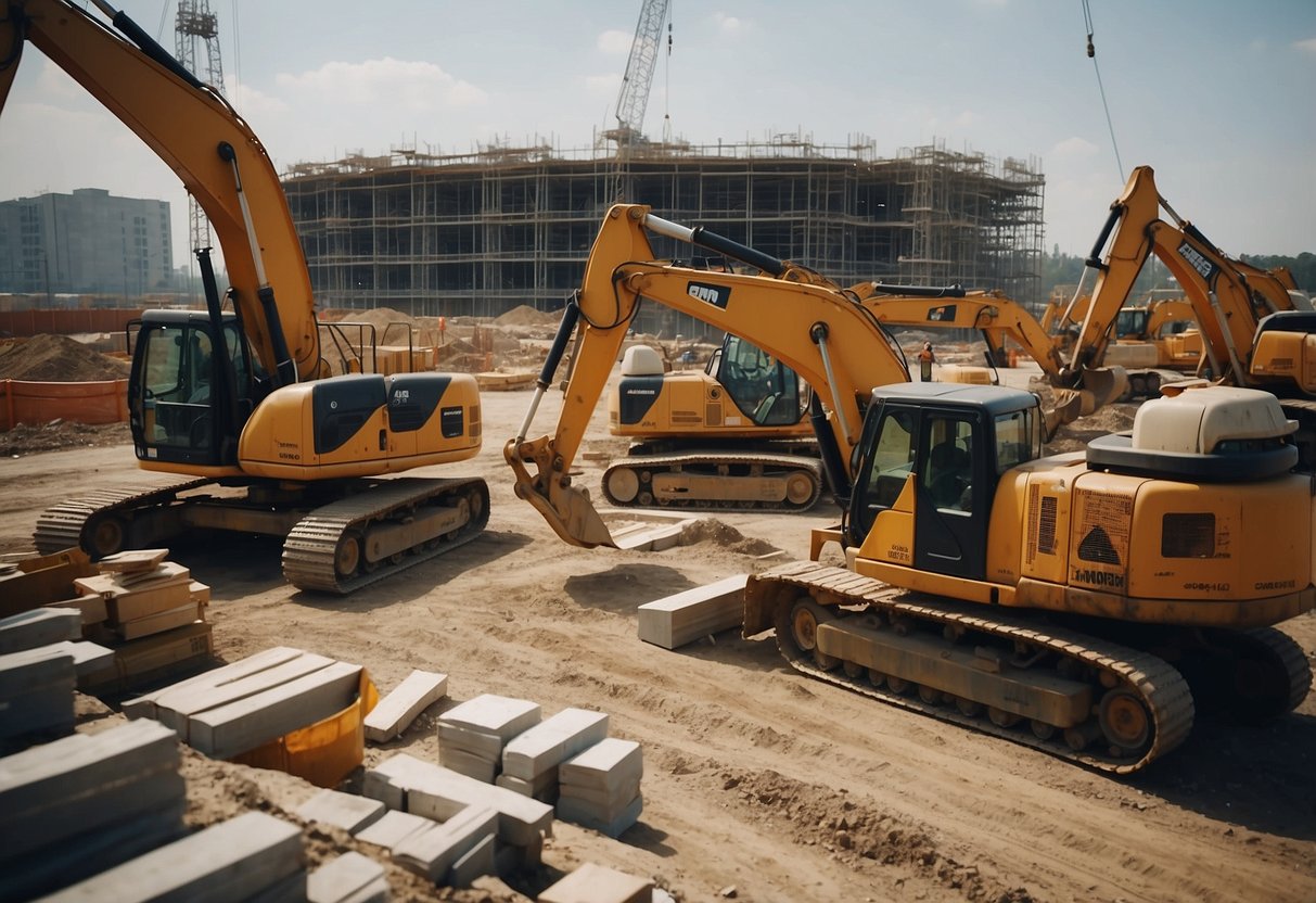 A construction site with heavy machinery and workers, surrounded by blueprints and construction materials