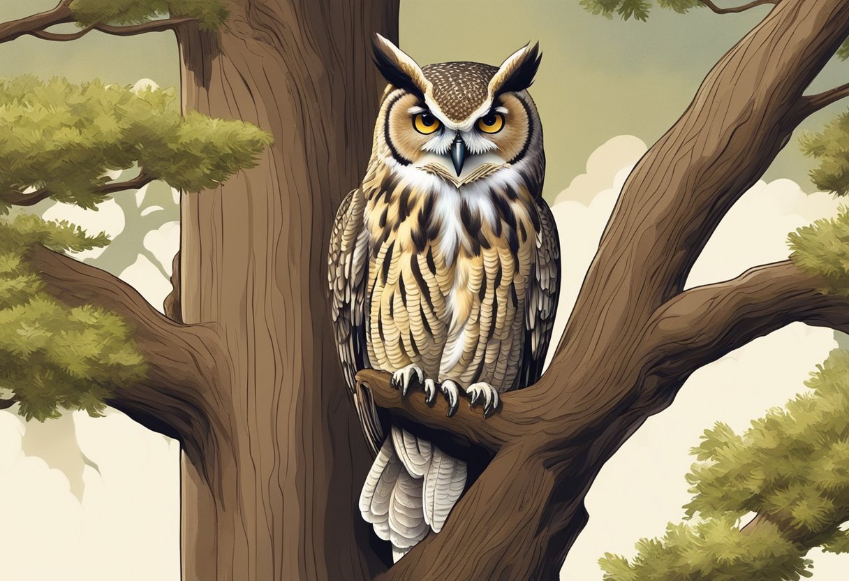 A wise owl perched atop a towering tree, surveying its surroundings with keen eyes and a regal demeanor, embodying the influence of environment and evolution