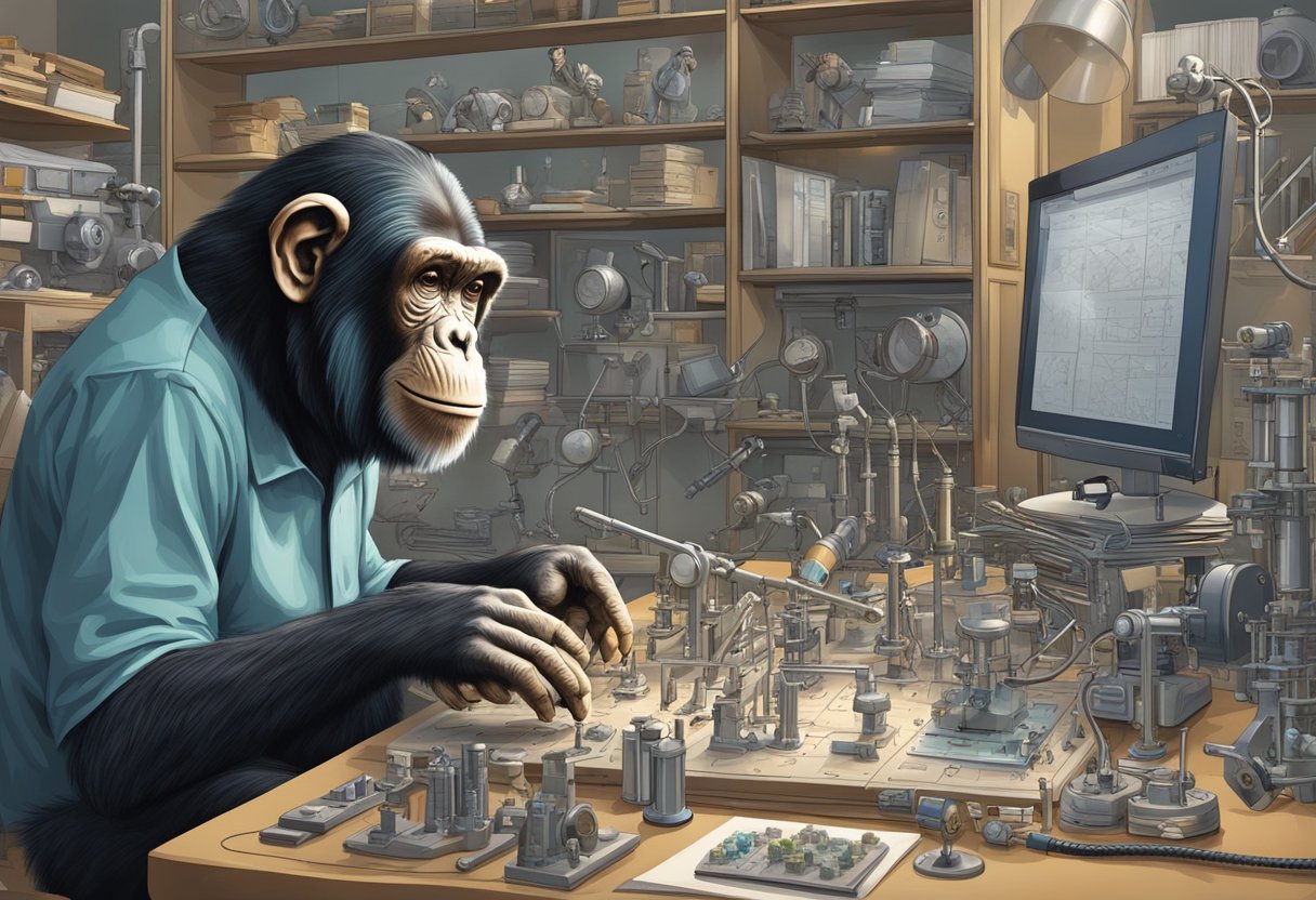 A chimpanzee solves a complex puzzle, surrounded by research equipment and observing scientists