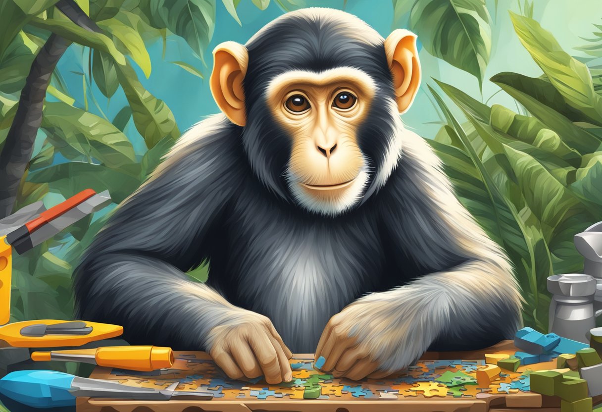 A monkey solving a complex puzzle with tools