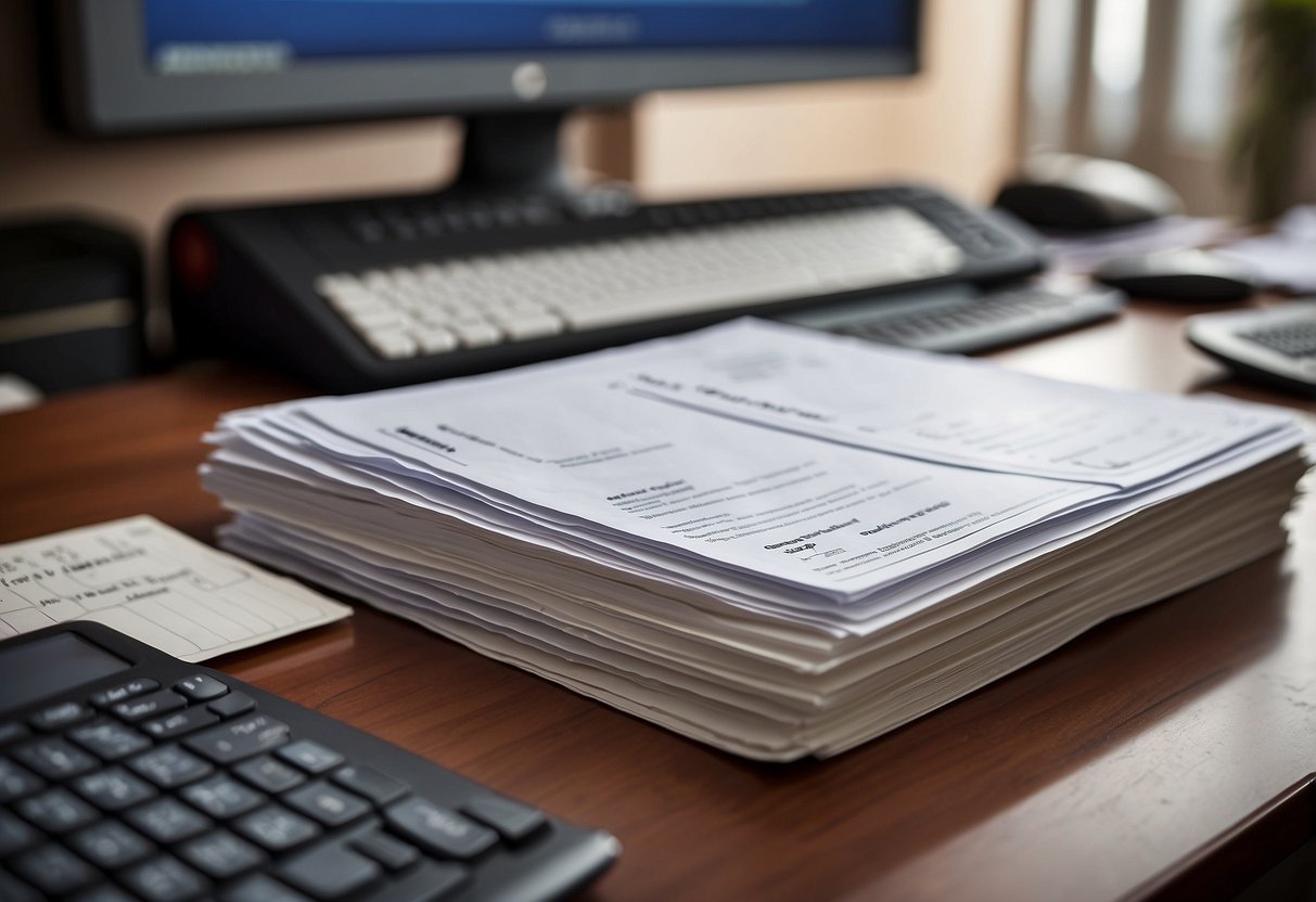 A stack of official documents with "Le Formulaire OUV11 OUV11 marchés publics" printed on the cover, surrounded by office supplies and a computer