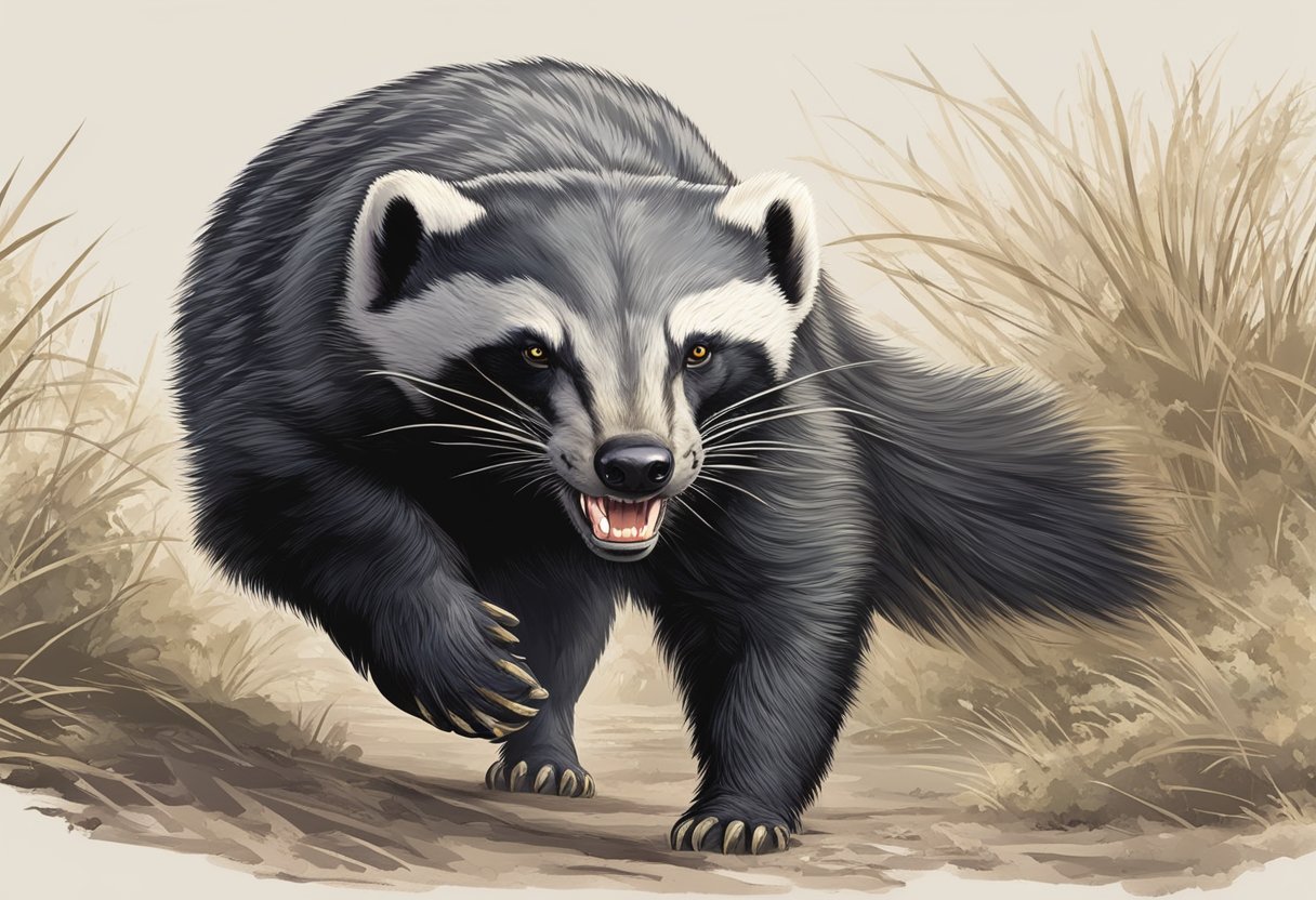 A honey badger stands boldly, snarling with sharp teeth bared, ready to defend its territory