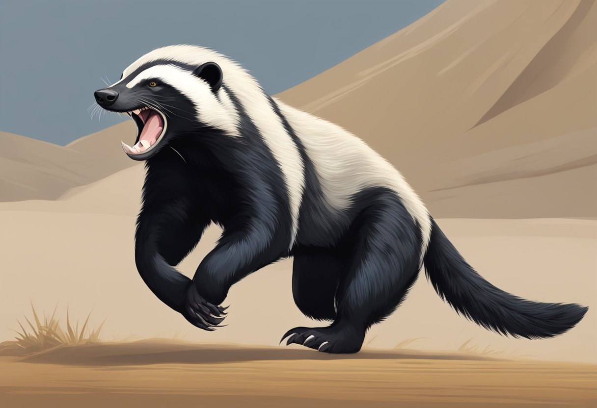 A honey badger fiercely defends its territory, baring its sharp teeth and claws, ready to take on any challenger