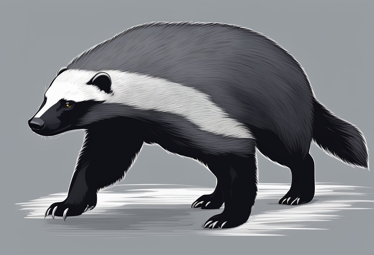 The honey badger stands tall, with a sleek and muscular body. Its fur is coarse and gray, with a distinctive white stripe running down its back. Its sharp claws and powerful jaws give it a formidable appearance