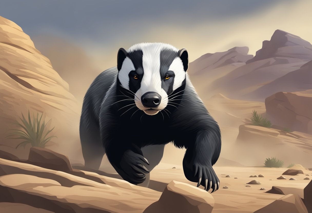 A honey badger prowls through a rocky desert, its sharp claws and fierce expression capturing its fearless nature