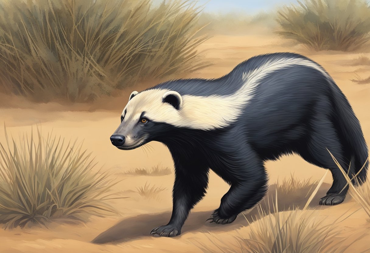 The honey badger roams the savannah, its fearless eyes scanning for prey. Its powerful body moves with purpose, exuding confidence and dominance in its habitat