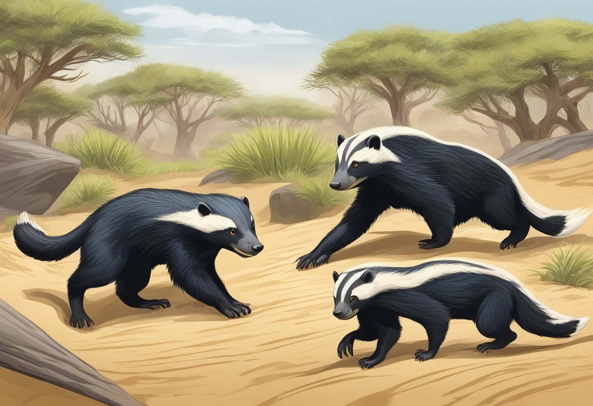 A honey badger fiercely defends its young in a burrow, while others forage for food in the savannah