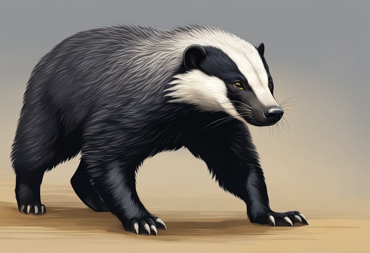 A honey badger stands tall, its sharp claws and fierce eyes exuding confidence and fearlessness