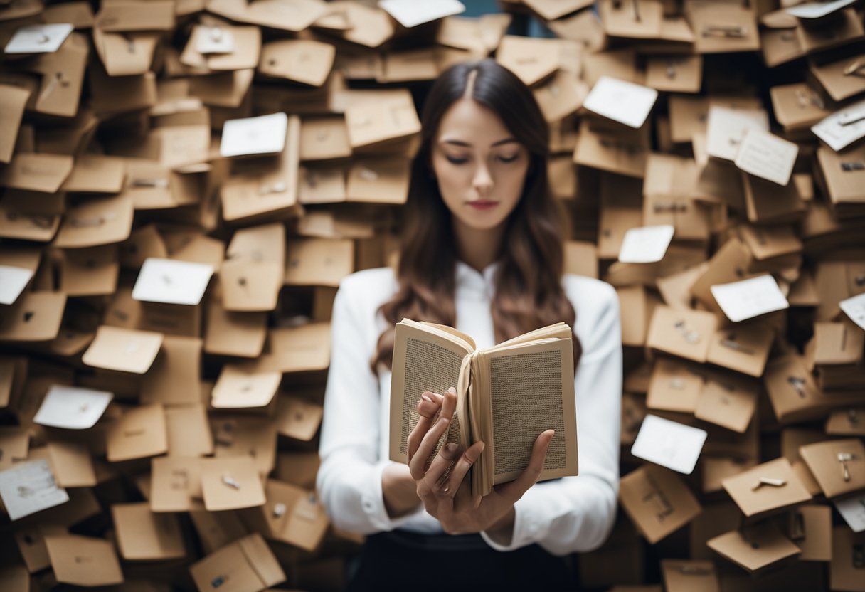 A mysterious woman surrounded by unread letters and a locked diary