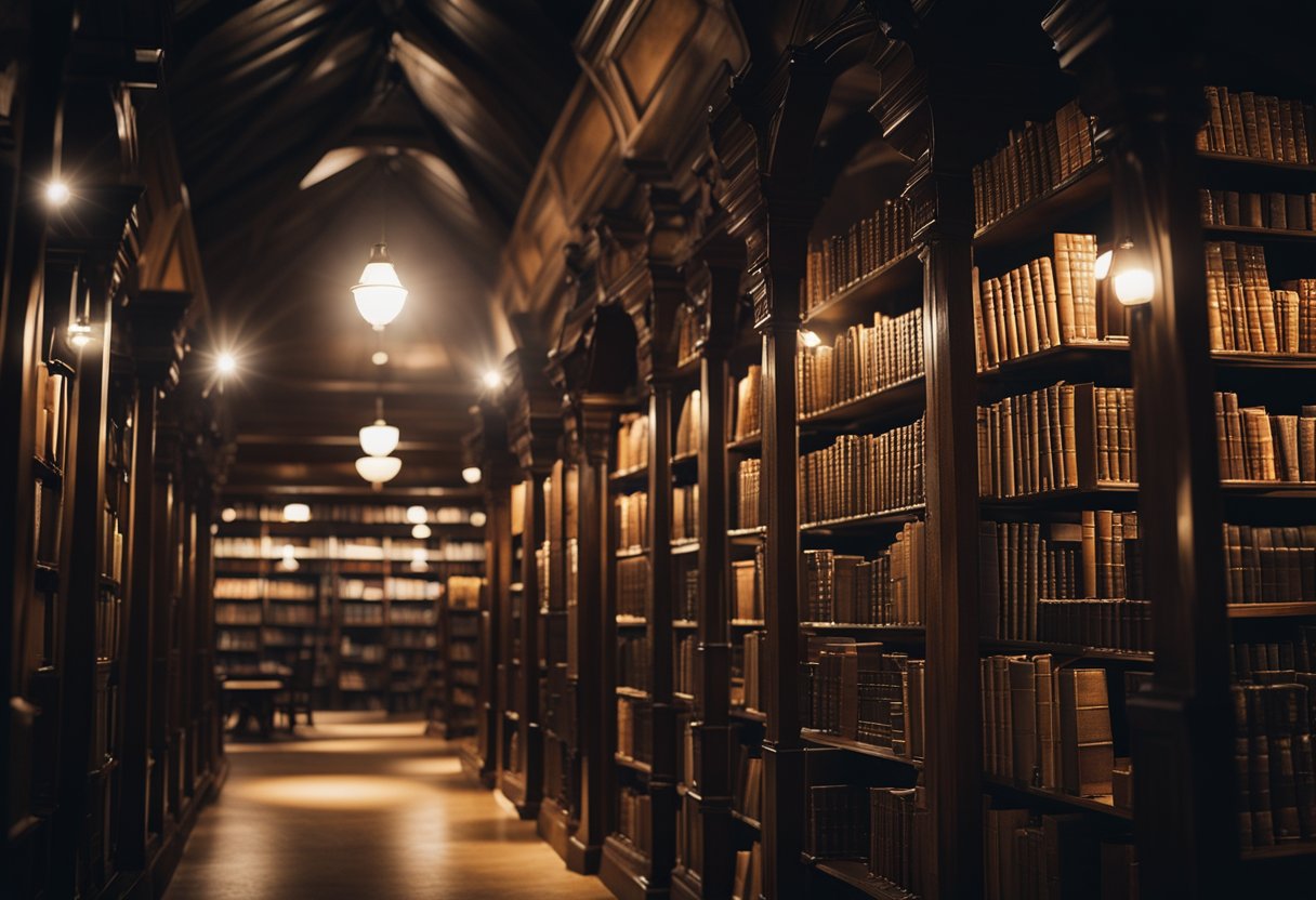 A dimly lit library at midnight, with books stacked high and moonlight streaming through the windows, creating a mysterious and enchanting atmosphere