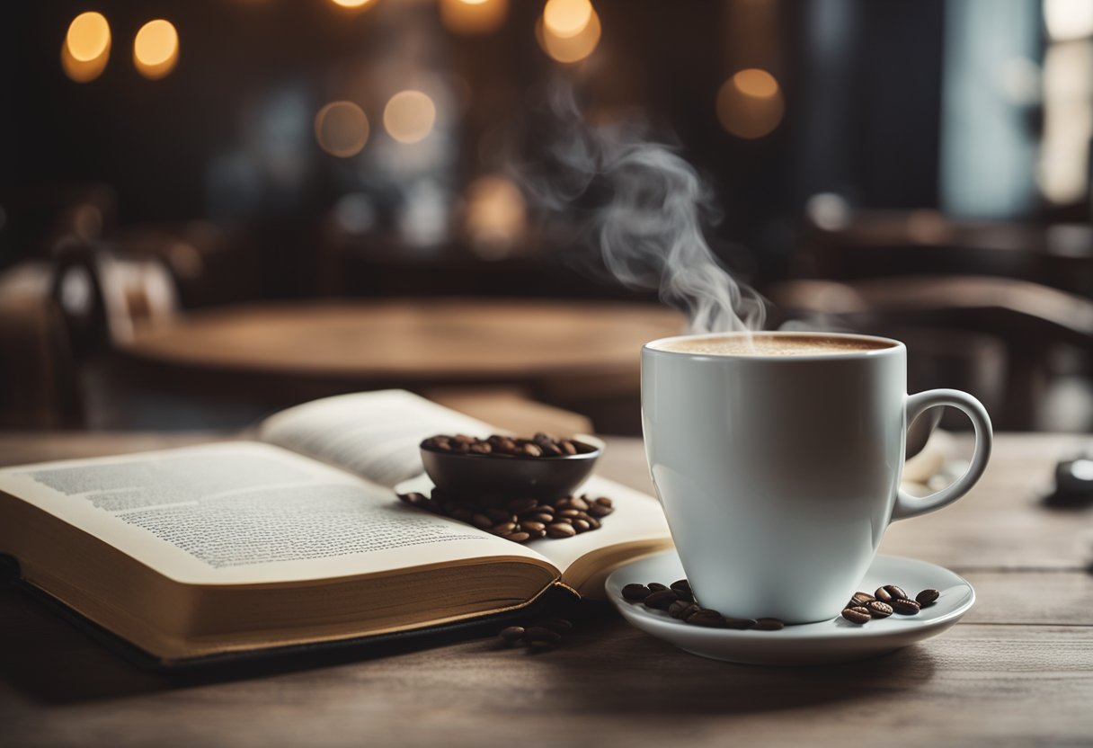 A steaming cup of coffee sits on a table, surrounded by a cozy atmosphere. A book titled "Before the Coffee Cools" is next to it