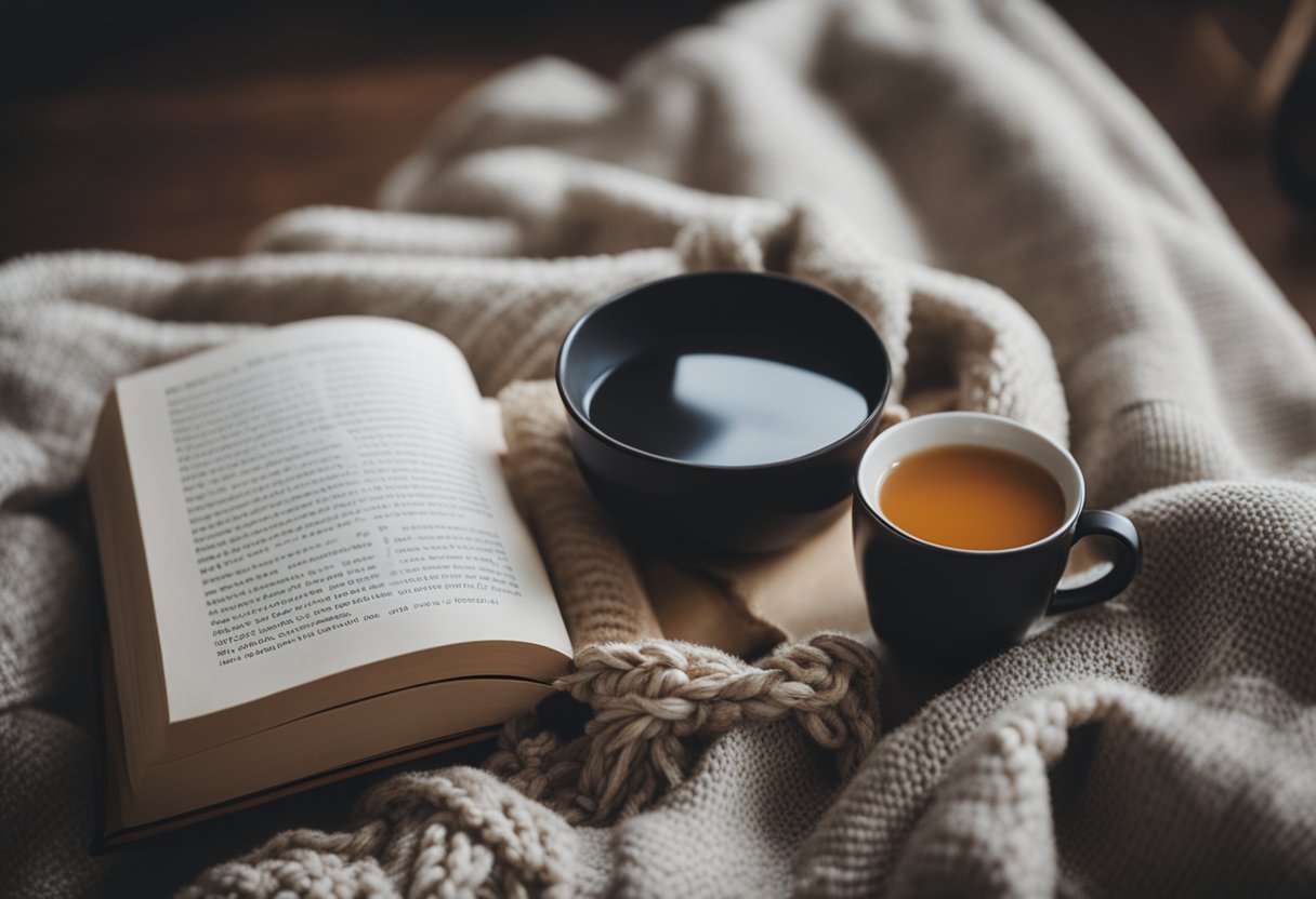 A cozy living room with a book open on a table, surrounded by a warm blanket and a cup of tea