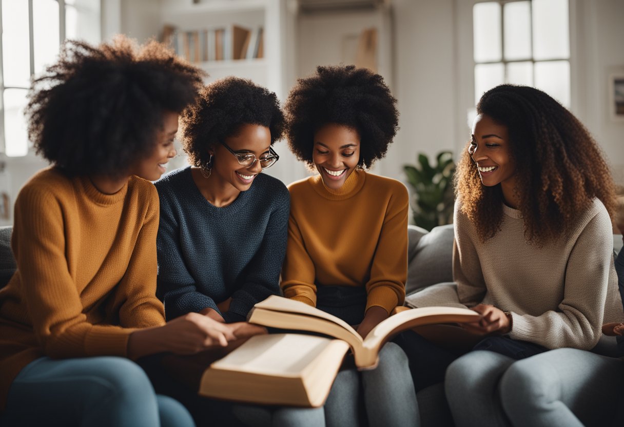 A group of diverse female characters reading and discussing books in a cozy, book-filled room