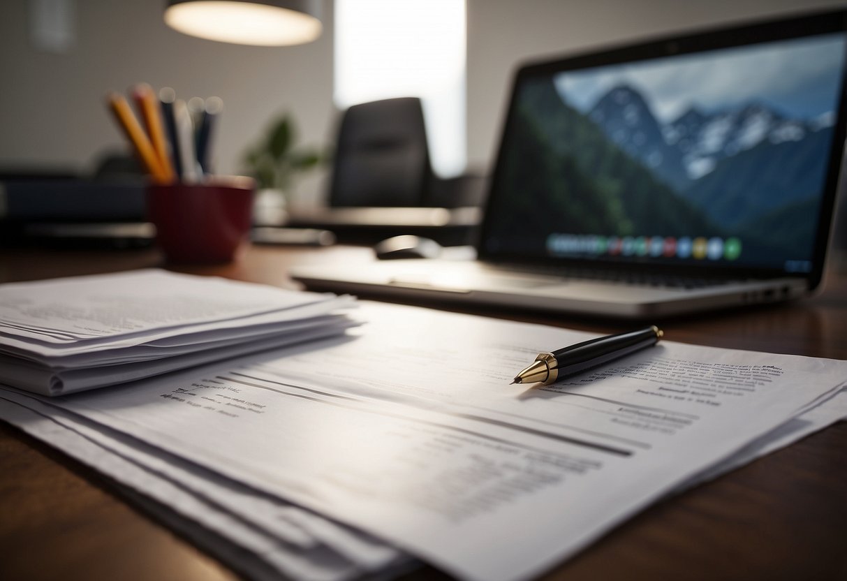 An office desk with papers, a computer, and a pen. A person reviewing and evaluating project bids for public contracts