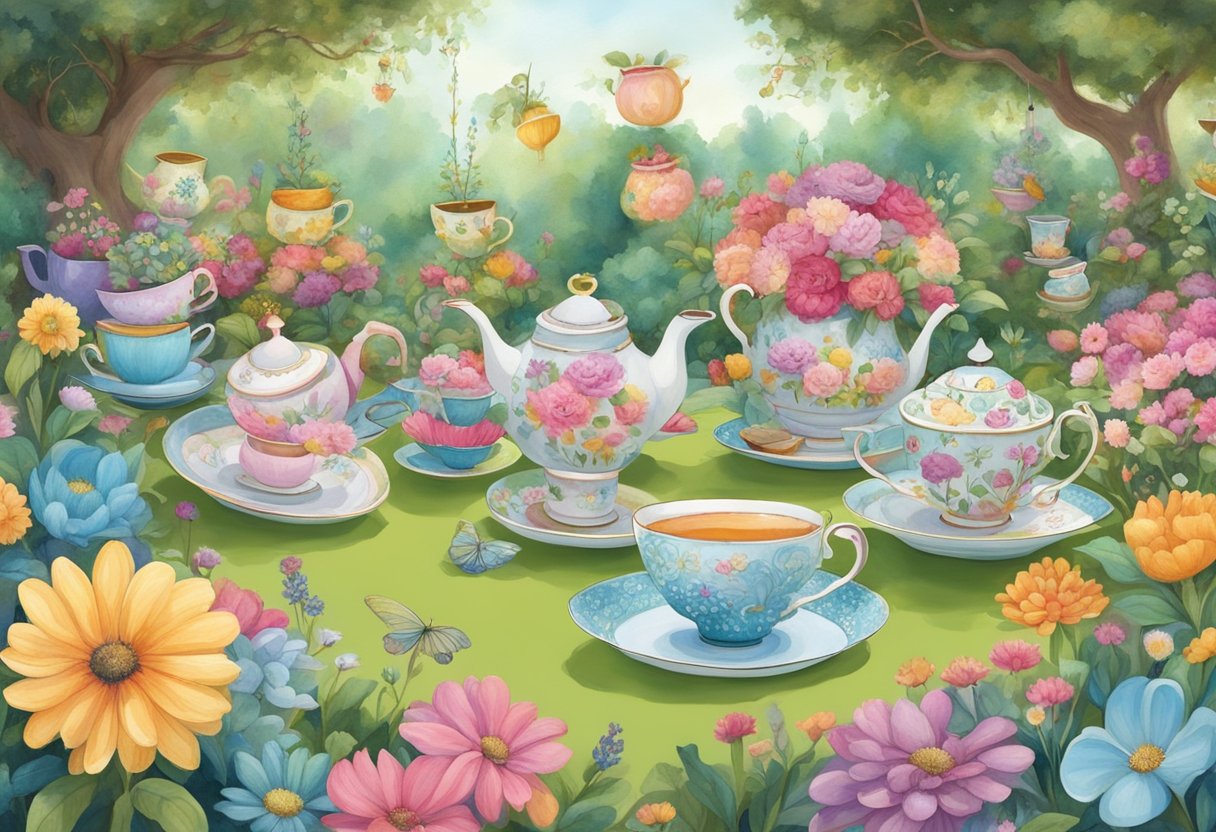 A whimsical tea party set in a fantastical garden with oversized teacups, floating teapots, and colorful, mismatched chairs. The scene is filled with vibrant flowers, whimsical creatures, and enchanting decor