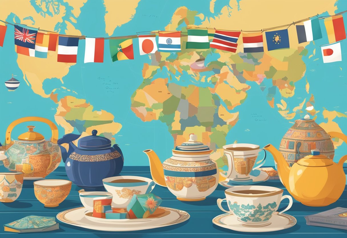 A table adorned with global decor, featuring teapots and cups from various countries. Maps and travel books scattered around. Bright, colorful banners and flags hanging overhead