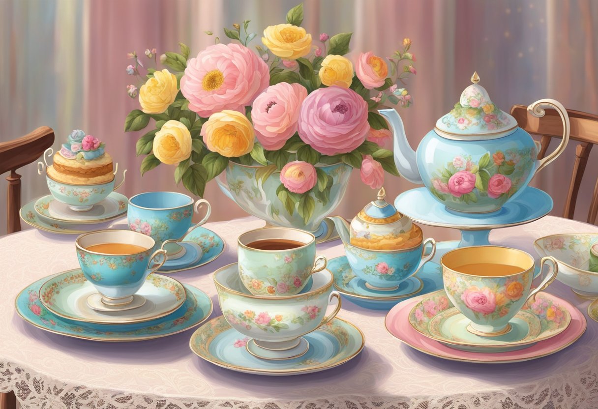 A vintage tea set arranged on a lace tablecloth, surrounded by colorful mismatched chairs. Delicate teacups, floral plates, and a tiered cake stand complete the whimsical scene