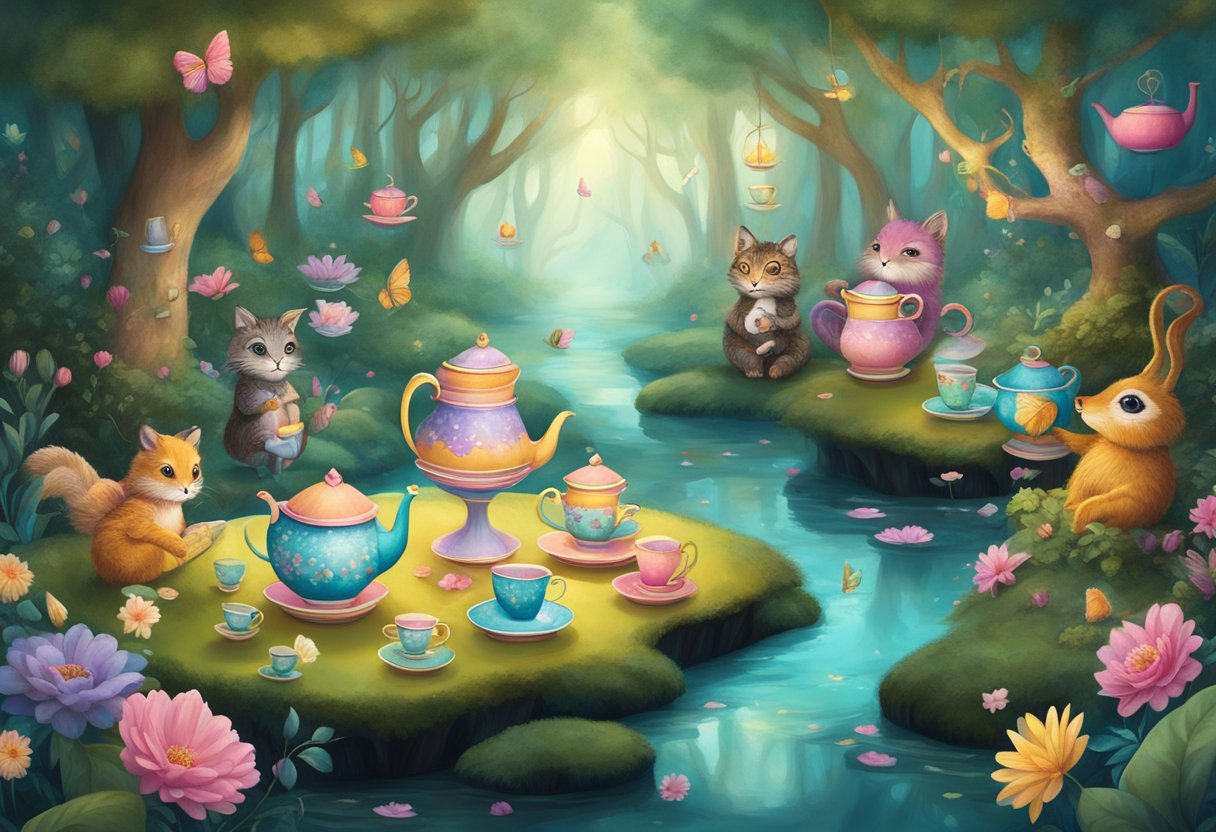 A whimsical tea party set in a mystical forest with floating teacups, oversized flowers, and whimsical creatures playing musical instruments