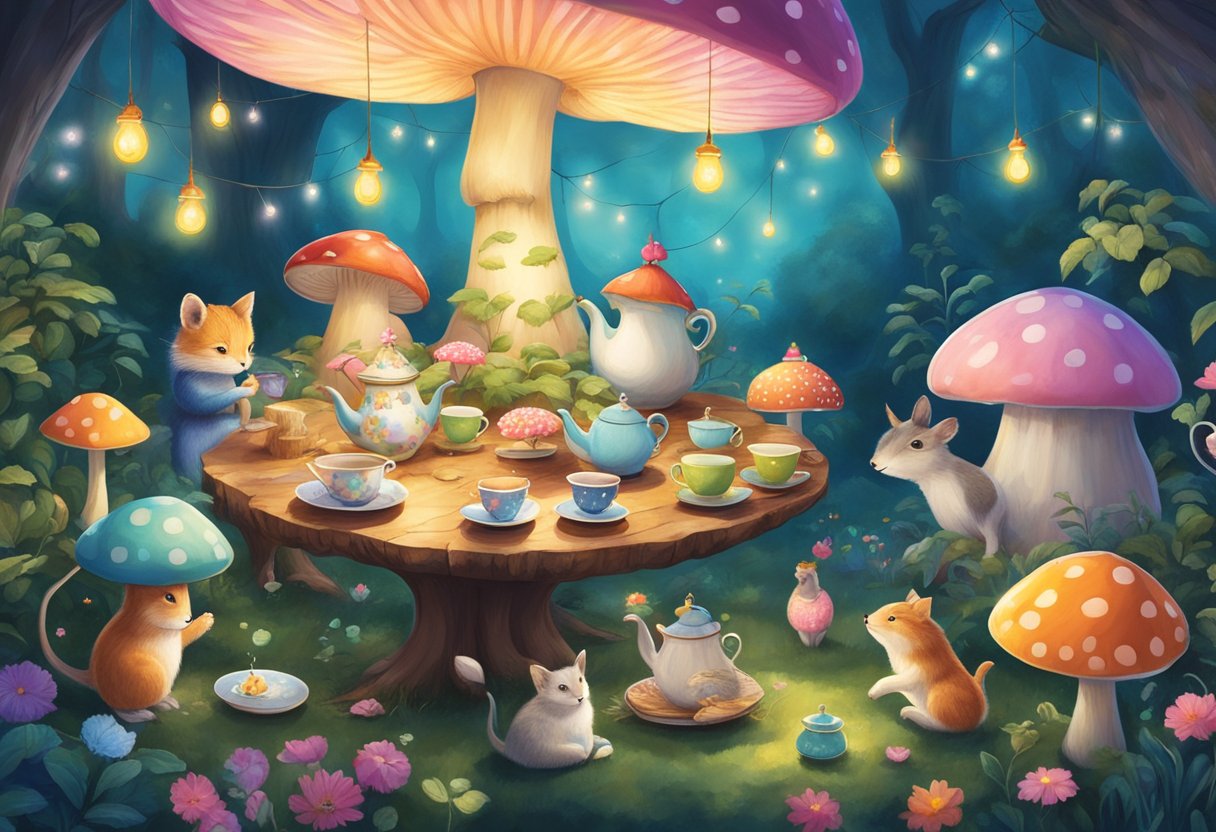 A whimsical tea party set in a magical garden with talking animals, colorful teacups, and floating teapots. A giant mushroom serves as a table, and fairy lights illuminate the scene