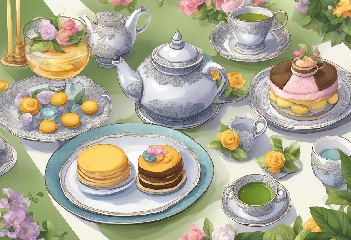 A table set with various themed tea party items, including unique decorations and different types of tea