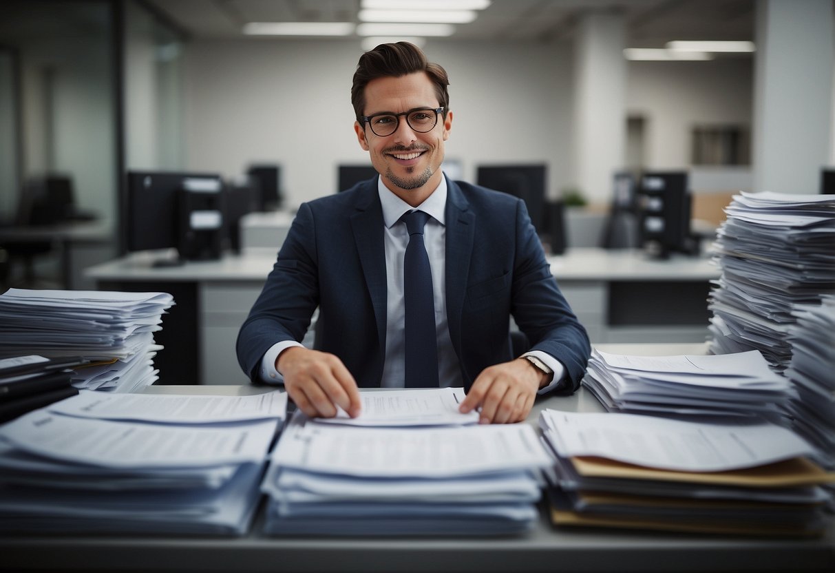 A busy office with financial documents, a computer, and a stack of public procurement files. A small business owner prepares a bid for a government contract