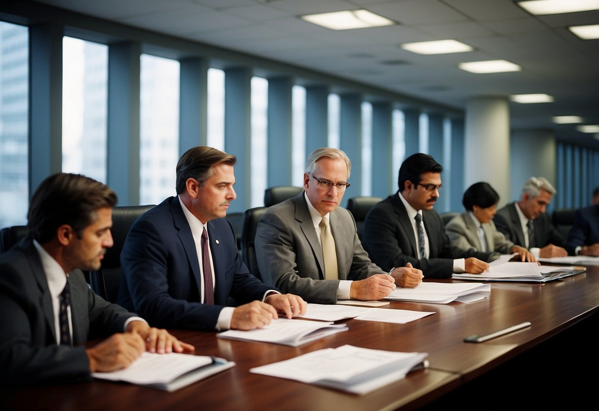 A bustling government office with officials reviewing contracts, issuing bids, and managing public financing in a regulated environment