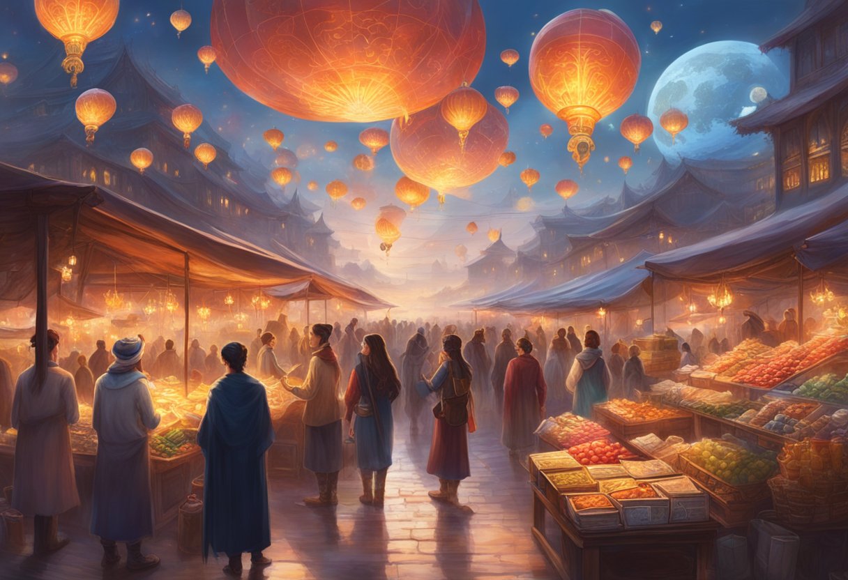 A bustling marketplace with digital currency symbols floating above vendors selling goods, while a compliance officer watches from a distance