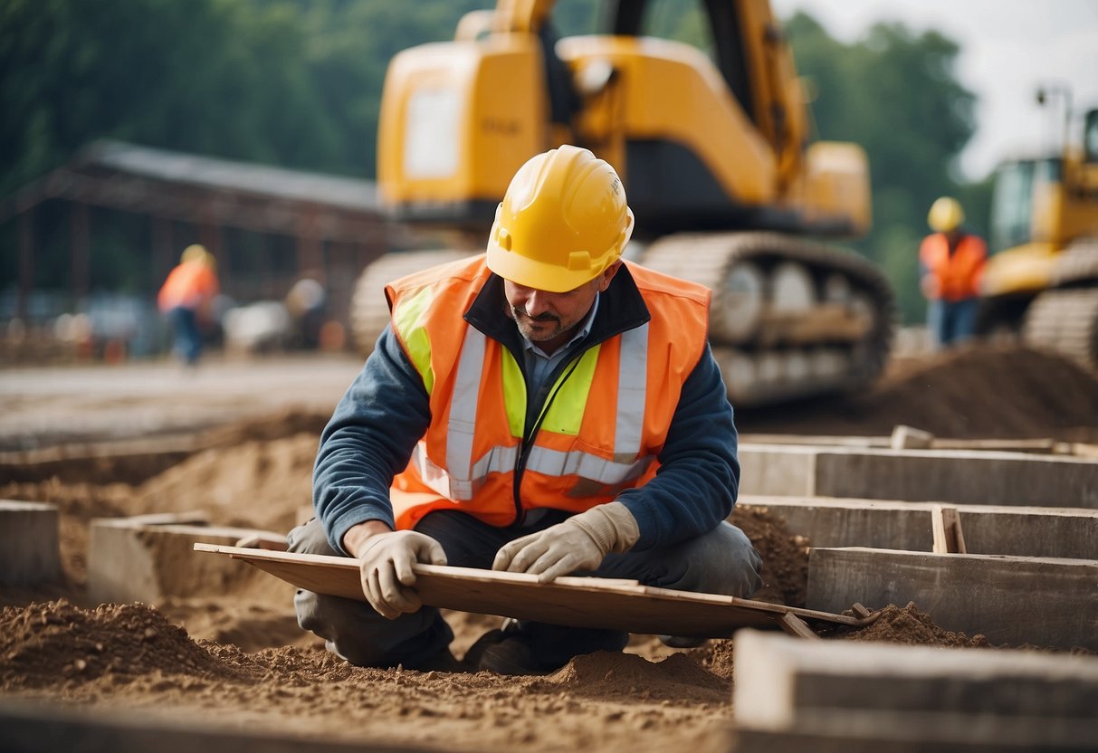 Construction site with workers, equipment, and materials. Financial guarantee and public procurement code displayed. Quality and completion of work emphasized