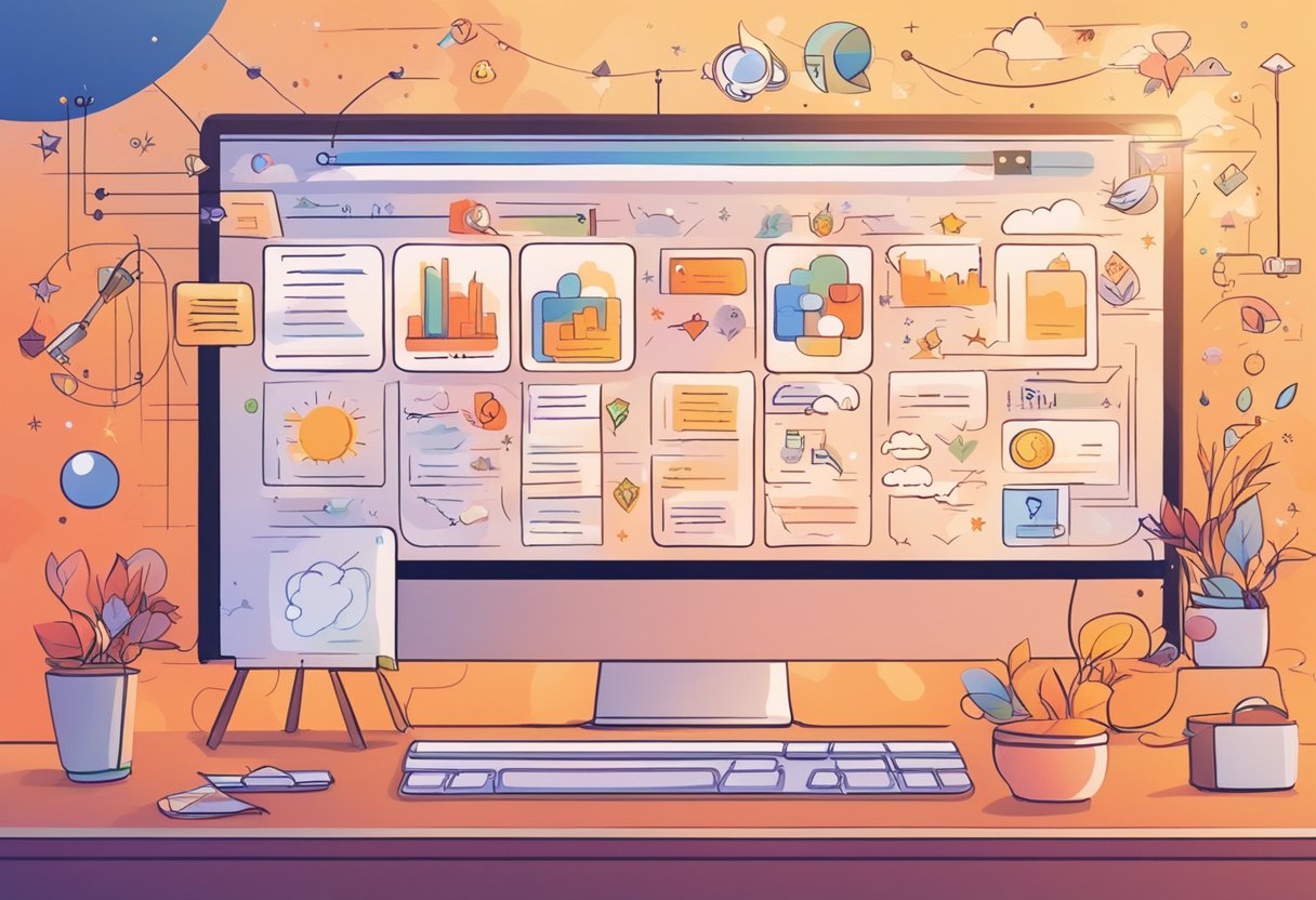 A computer screen displaying a workflow chart with "Content Creation Workflow" at the top, surrounded by various icons and text